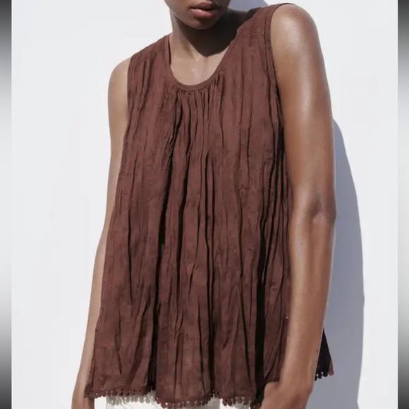 Zara Brown ramie passementerie boho Sleeveless buttoned back Blouse top - Picture 8 of 15